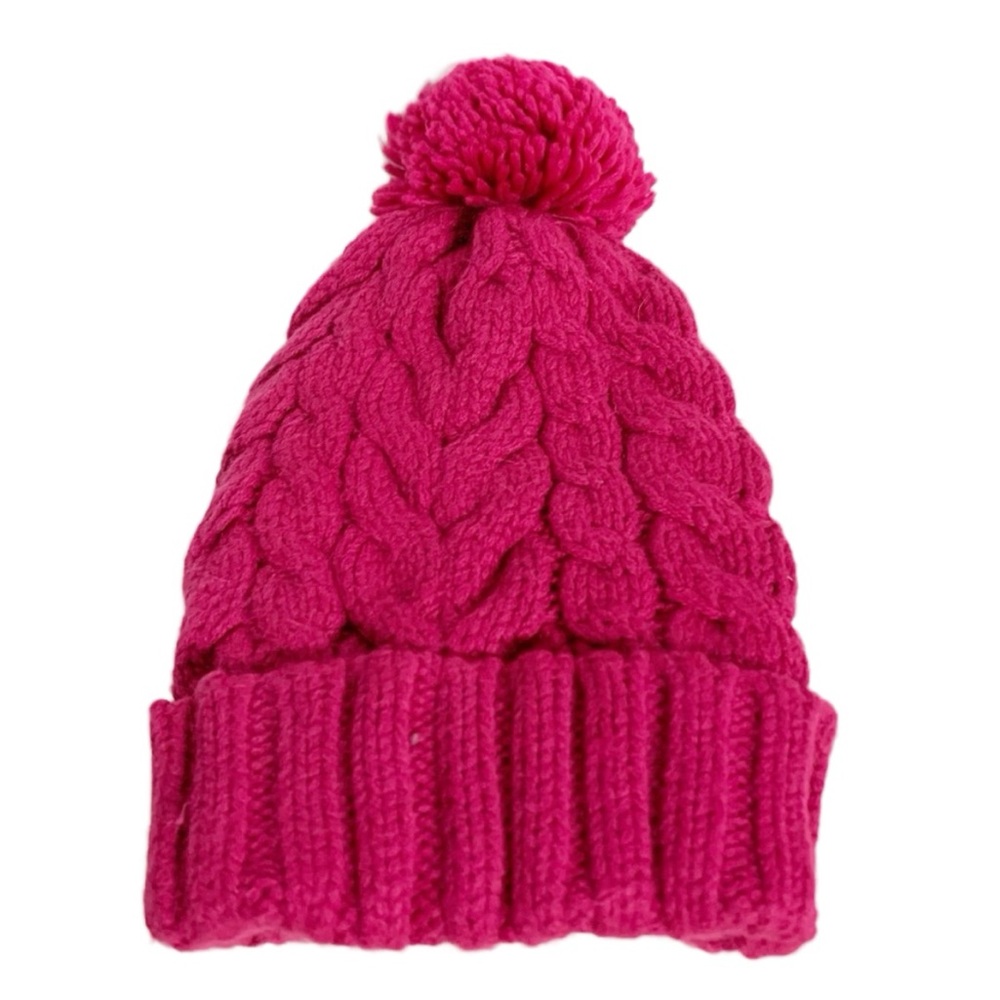 Baby Gap Vibrant Pink Cable Knit Beanie With Pom-Pom Fleece Lined Cozy Warm
